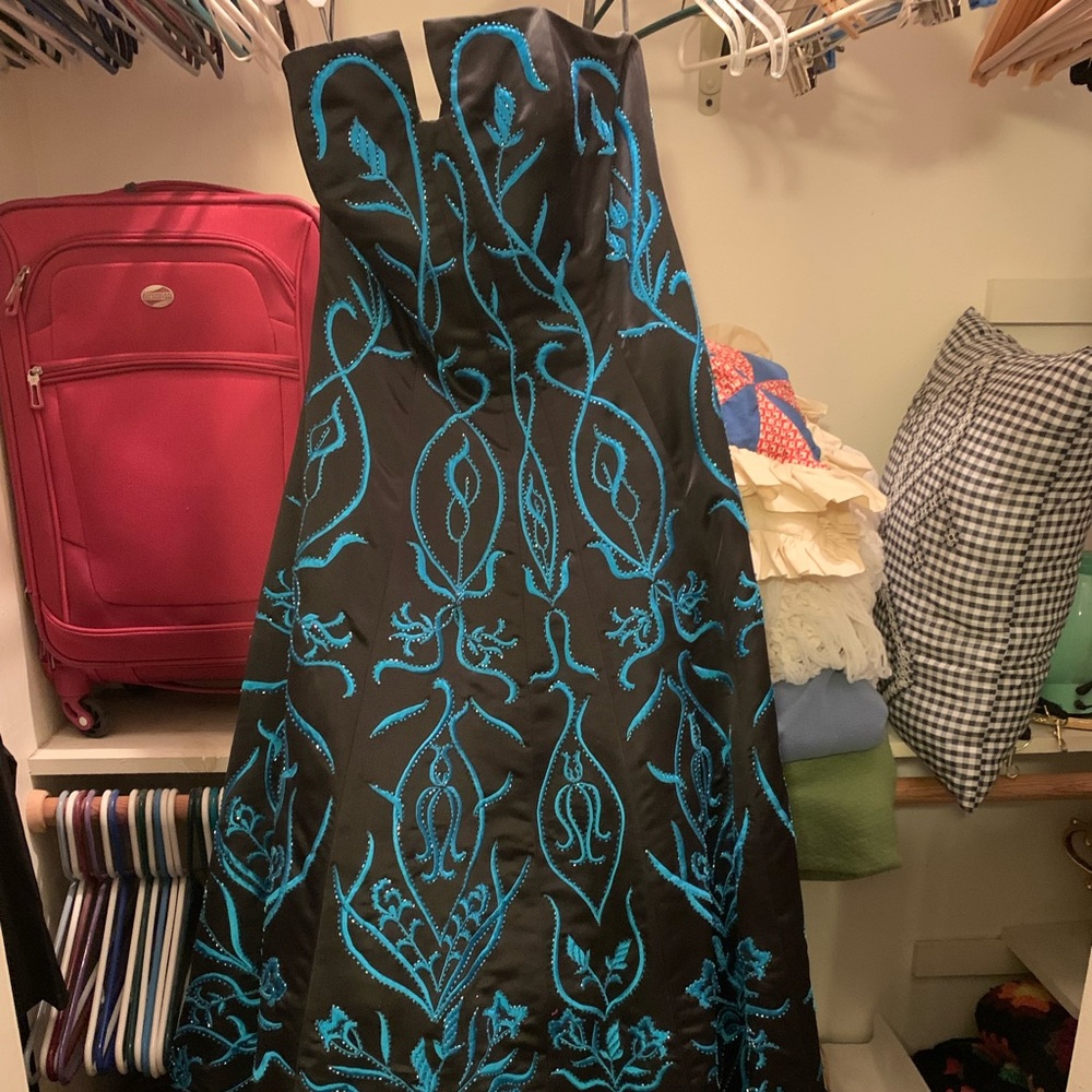 Strapless Tiffany black and blue embroidered gown